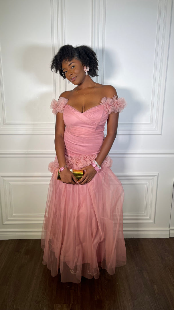 Oprah Flower Applique Mesh Maxi Dress