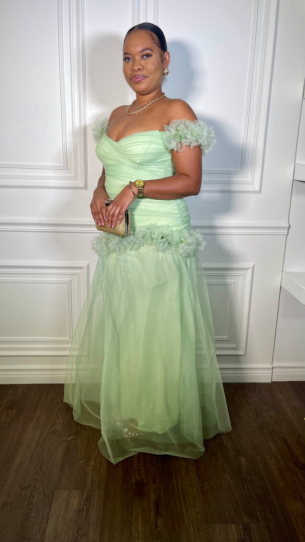 Oprah Flower Applique Mesh Maxi Dress