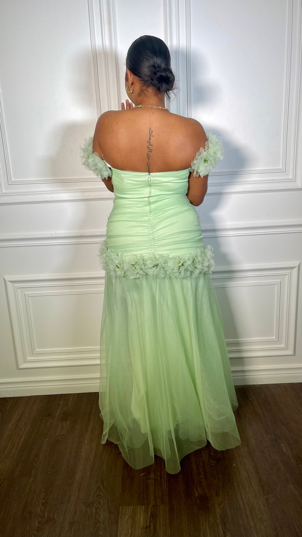 Oprah Flower Applique Mesh Maxi Dress