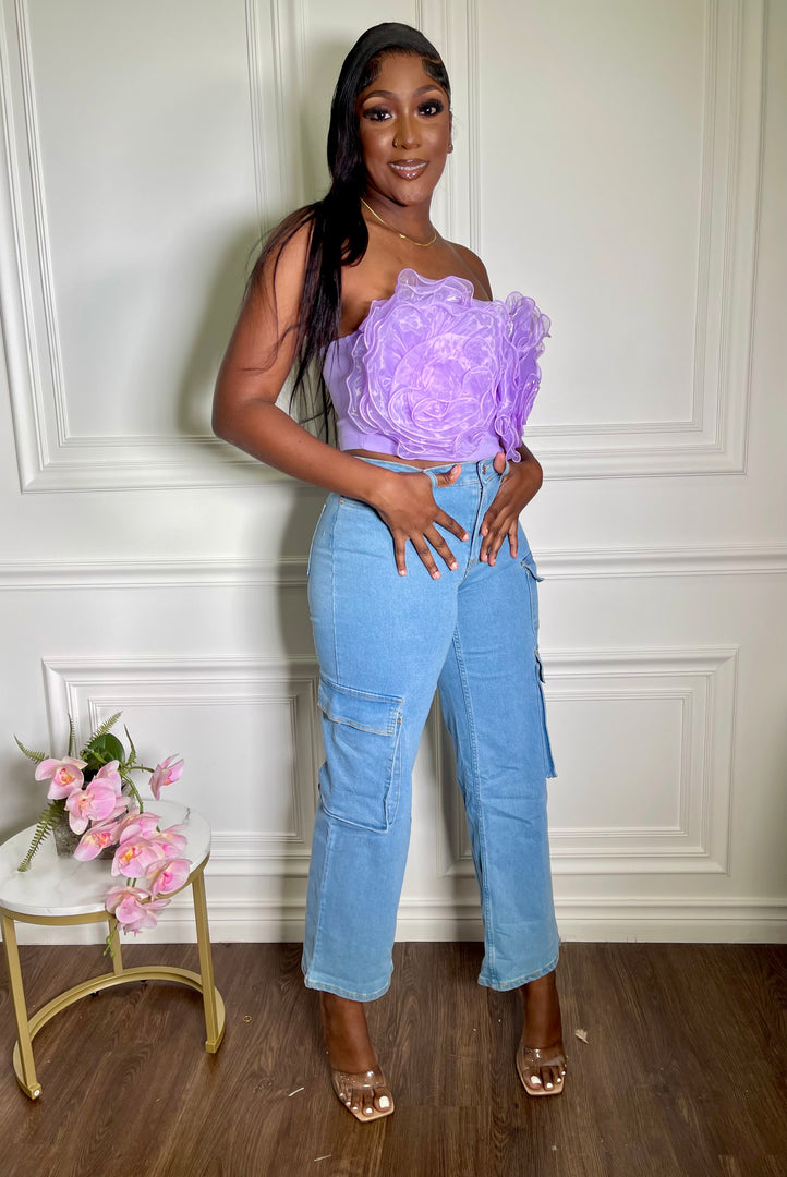 Linthia Off Shoulder Organza Ruffle Crop Top