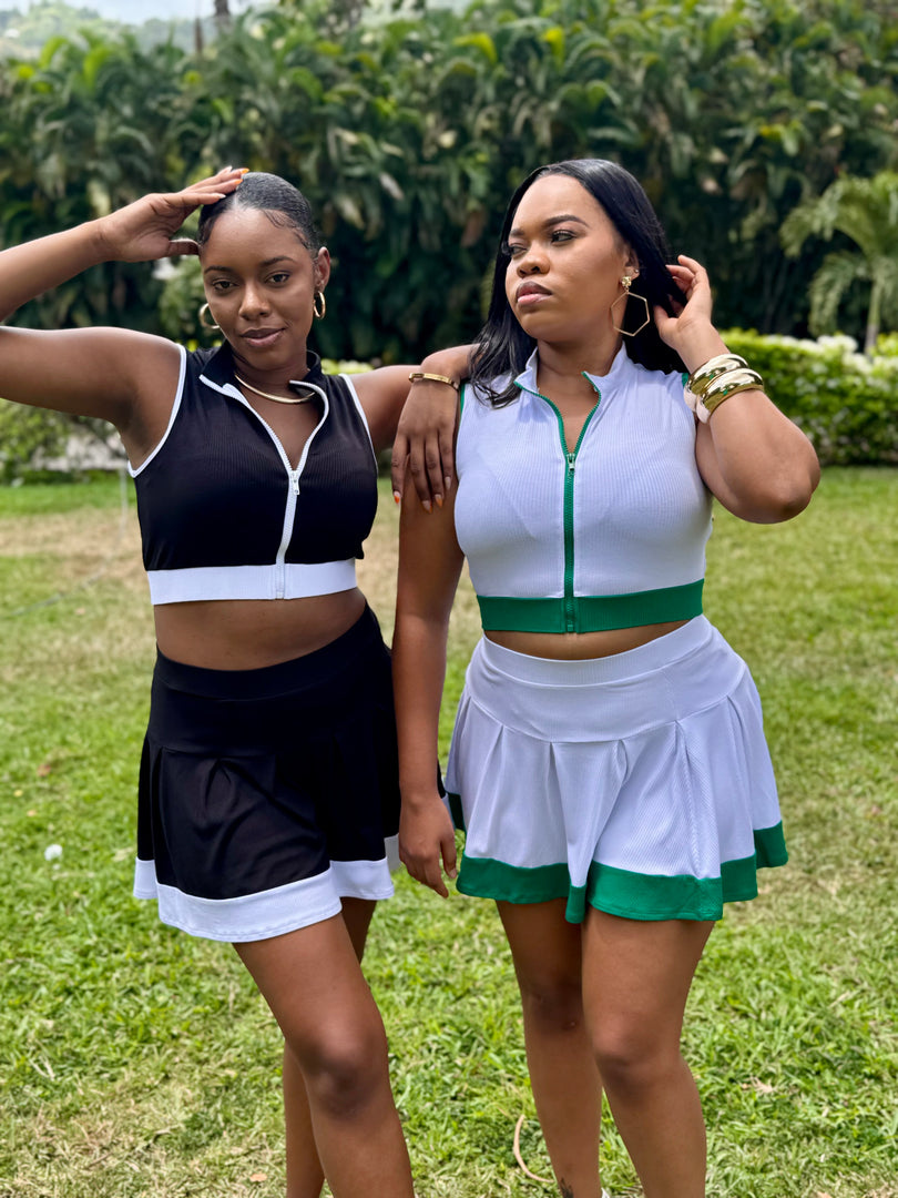 Up Close Zipper Crop Top Pleated Skirt Set