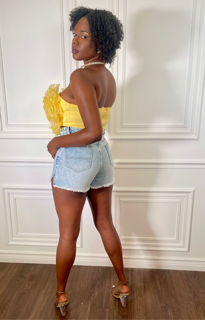 Linthia Off Shoulder Organza Ruffle Crop Top